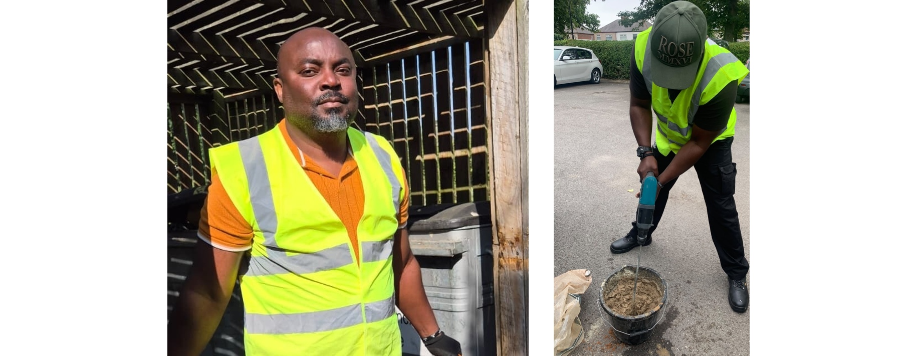 Adaze during his work experience, in a clearance area and preparing mortar