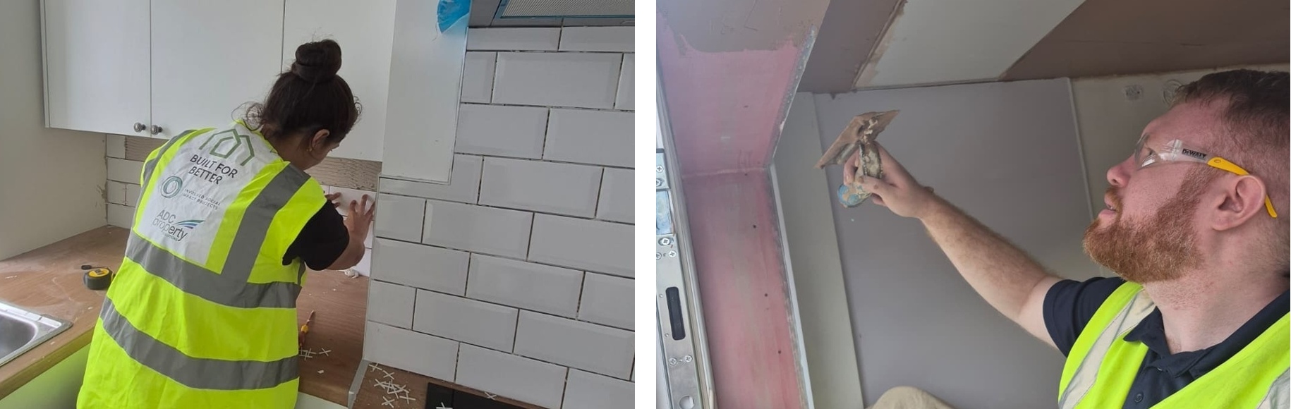 Kirklees learners fitting wall tiles and applying plaster during work experience